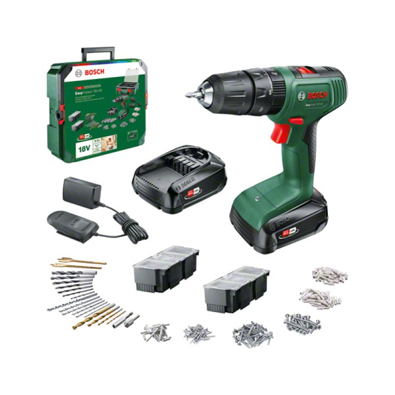 Borrmaskin slag 18V med 2 batterier 1,5Ah + väska 241 tillbehör Bosch