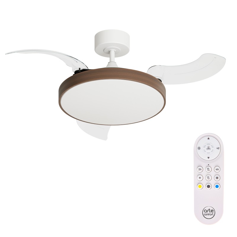 Fläkt tak indragbar vit/trä valnöt med ljus led och motor DC 112 cm Helios Arteconfort